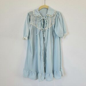 Vintage Little Girls Light Blue Satin Robe Short Sleeve Lace Tie Front XS/S